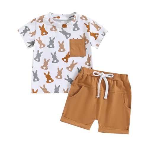 Baby Boy Easter Outfit Short Sleeve Bunny Shirt Top Solid Summer Shorts Boys Clothing Set 3M 6M 9M 12M 18M 2T 3T (Bunny-Brown 6-12 Months)