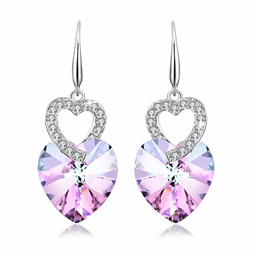 Ocean Heart Earring with Crystals Pink for Women Girl Dainty Jewelry Anniversary Wife Birthday Fish Hook French Wire Lover Drop Fashion stud