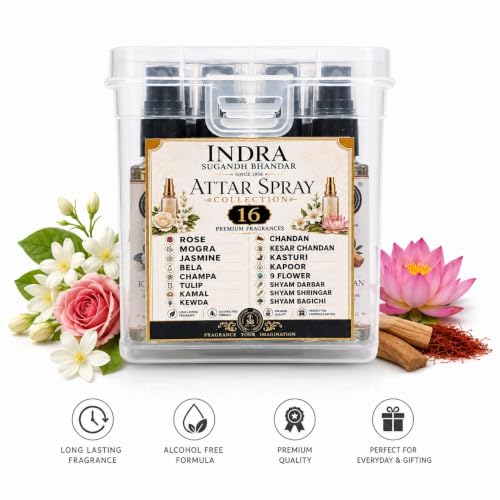Image of INDRA SUGANDH BHANDAR Luxury Perfume Attar Spray For Pooja 10ml x 16pc Set Total 160ml 100% Alcohol Free Attar Perfume For Pooja, Worship, Namaz or Personal Use /Long Lasting Natural Perfume / 0% Alcohol
