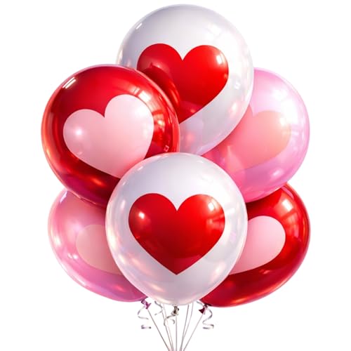 Wanna Party Red White Pink Heart Printed Latex Balloons Set Pack of 6 | 12 Inch Helium Quality Heart Balloons for Birthday, Anniversary, Proposal,Romantic Party & Valentines Day Decoration