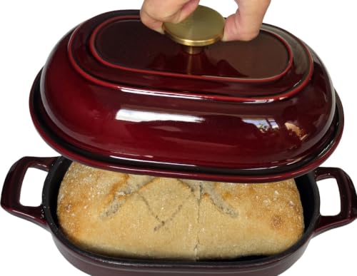 Image of La Cuisine Enameled Cast Iron Bread Loaf Dutch Oven Oblong for Sourdough Crusty Bread & High‑Heat Baking. Oven-Safe 550F /287C Matte Black Enamel Interior, 5.5 QT, Cranberry