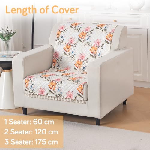 Image of HOKIPO Painterly Floral Quilted Sofa Cover for 1 Seater with Tassels for Seat & Back, 'Tassel Twigs' Series (IN-989-T8)