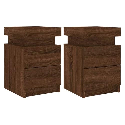 vidaXL Tables de Chevet et Lumières LED 2 pcs, Armoires de Lit avec Rangement, Tables de Nuit Chambre, Moderne, Chêne Marron Bois d'Ingénierie