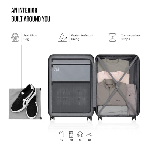 Image of HRX Force Cabin Size Silver Polycarbonate Hard Shell Suitcase - Premium Travel Trolley Bag with 8 Spinner Wheels, Number Lock & Water Resistant Body