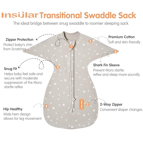 Image of insular Baby Transitional Swaddle with 2-Way Zipper Newborn Sleep Sack Arms Up Infant Sleeping Bag Wearable Blanket, Star, 0-3 Month