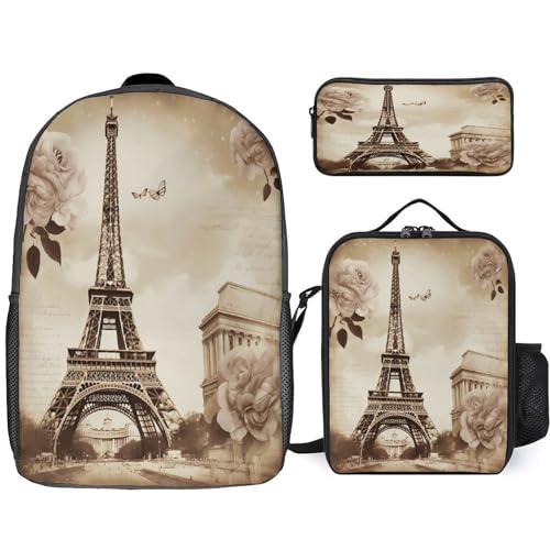 Printed Backpack With Lunch Pack Storage Box Case Vintage Paris Eiffel Tower Butterfly 3pcs Lightweight Travel Backpack