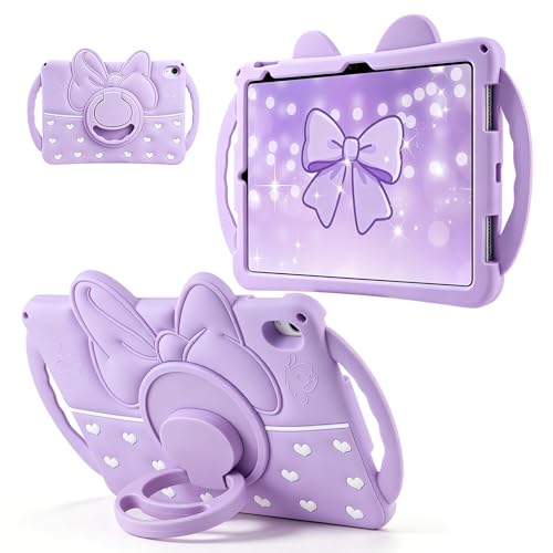 Coolden for iPad (A16) 11th Generation Case 11 Inch 2025 iPad 10th Generation Case 10.9 Inch 2022 for Kids Girls Cute Bowknot Heart Silicone Shockproof Cover with Handle 360 Rotating Stand-Purple