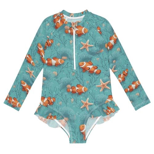 ALAZA Clownfish Starfish Blue Coral Reef Girls One Piece Swimsuit Long Sleeve Rash Guard Swimsuits UV 50+ Swimwear Zipper