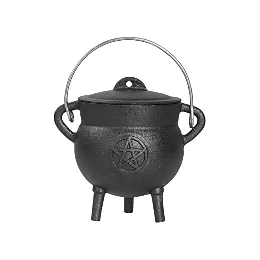 Cauldron -5.25 Inch Pentagram Pentacle Cast Iron Cauldron with Lid and Handle - Perfect Incense Smudge Kit Sage Holder Altar Ritual Burning Holder