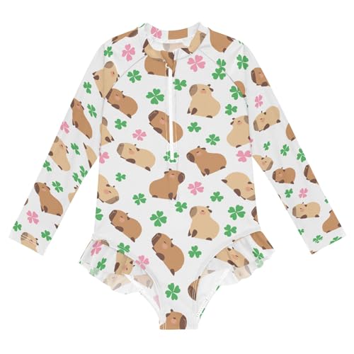 卡皮巴拉1 Girls One Piece Rash Guard Swimsuit, Girls Long Sleeve Swimwear for 3-12Y