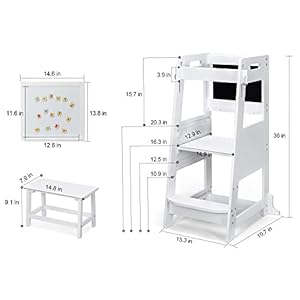 Toetol bamboo toddler step stool white kitchen counter learning helper standing tower ktchen stool for toddler 3 height adjustable with chalkboard message boards small step stool non slip mat  urban country home decor
