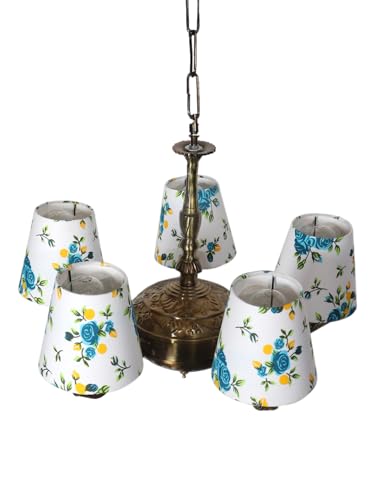 Image of Devansh 05 Lights Printed conical Cotton Shade with Antique Golden Chandelier -B