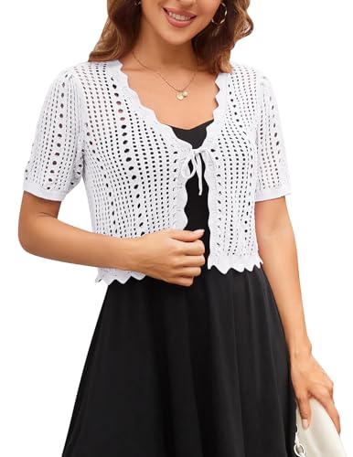 Image of Kate Kasin Women Crochet Shrug Knit Sweater, Short Sleeve Cropped Cardigan | Tie Front Tops Light Weight, Knit Cover Up Arm Bolero For Evening Dresses Dressy Casual, Ladies Eyelet Shawl Thin Formal