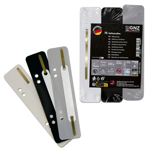 SIGNZ Heftstreifen Kunststoff (PP), 75 Stück, 25 x 3 Farben, recycelbarer Kunststoff (PP), CO2-neutral hergestellt, made in Germany (75 Stück, schwarz, grau, weiß) SIGNZ Heftstreifen Kunststoff (PP), 75 Stück, 25 x 3 Farben, recycelbarer Kunststoff (PP), CO2-neutral hergestellt, made in Germany (75 Stück, schwarz, grau, weiß)