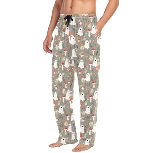 Mens Cotton Pajama Pants Sleep Lounge Pj Bottoms Sleepwear with Pockets Drawstring S Simple Ghost Mushroom4