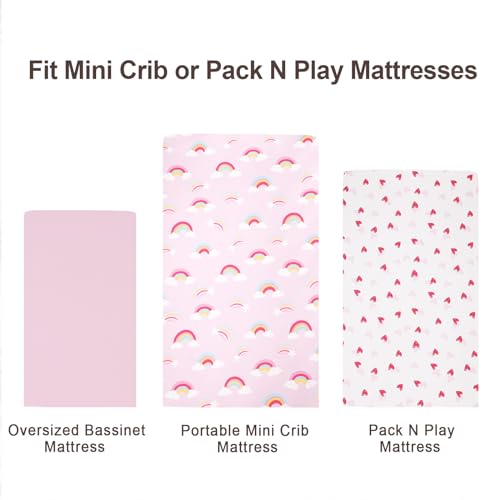 Image of david's kids 3 Pack Mini Crib Sheets, Soft Breathable Premium Pack N Play Sheets for Baby Girls Neutral, Playard and Mini Crib Mattresses, Rainbow
