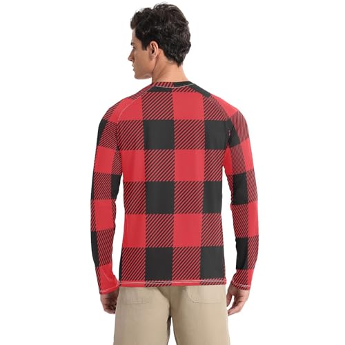 Red Black Plaid Men's Rash Guard Loose Crew Neck Loose Men's Sun Protection Long Sleeve Beach2