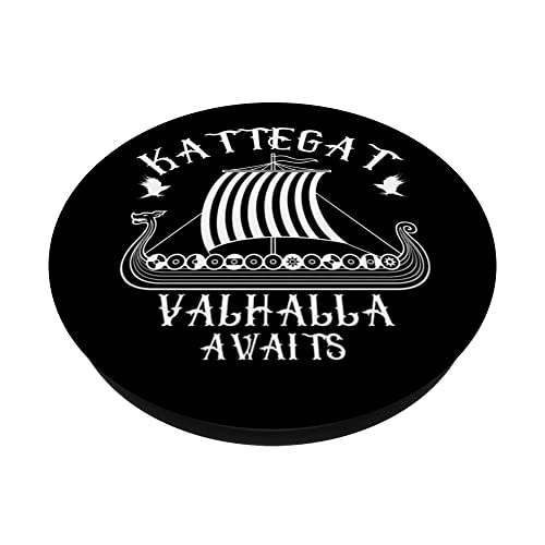 Norse Mythology Viking Ship Kattegat Valhalla Awaits Viking PopSockets Swappable PopGrip, Black - Image 2