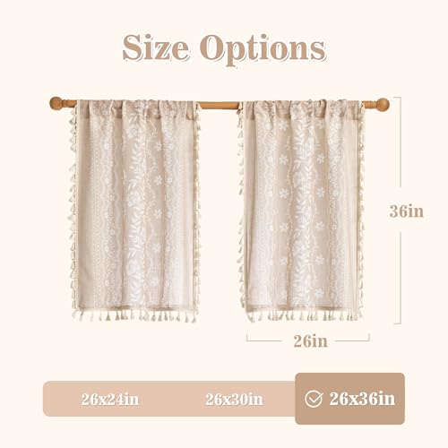 Image of MYSKY HOME Short Tiers Curtains 36 Inch Length Boho Floral Linen Blend | Small Cafe Window Tier Curtains for Farmhouse Vintage Drapes with Tassel Rod Pocket, Fog Taupe, 26 inch Wide, 2 Panels