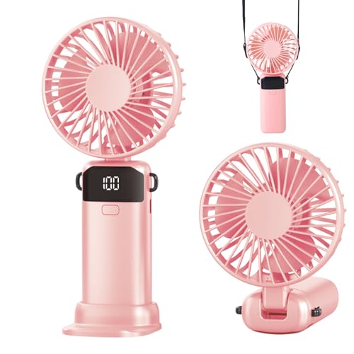 Jumkeet Handheld Fan Mini Portable Foldable Fan with USB Rechargeable Battery 2600mAh 5 Speeds Battery Operated Desk Desktop Fan with LED Display & Base for Home Office School Travel Outdoor (Pink)