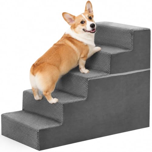 Image of NEWBULIG 5-Step Dog Stairs, 22.5 inch H Dog Steps for High Bed, Grey | Non-Slip Sturdy Pet Steps for Small Dogs and Cats, Pet Ramp for Sofa and Chair Indoor - Grey