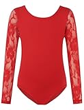 Noomelfish Girls Lace Long Sleeve Dance Leotard Toddler Mesh Ballet Bodysuit Gymnastics Outfits, Red, size 5-6 Years
