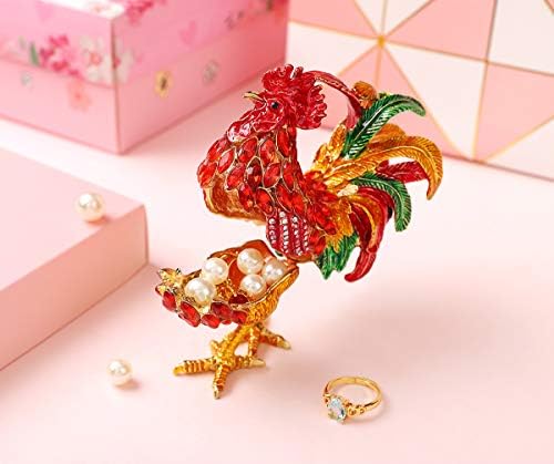 Furuida Rooster Trinket Boxes Hinged Enameled Jewelry Box Hand-Painted Animals Ornaments Craft Gift for Home Decor (Red)