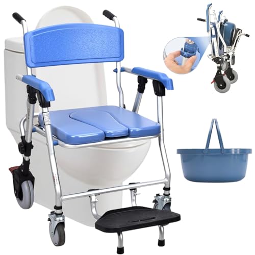 Fauteuil roulant de douche pliable mobile avec siège rembourré pour personnes âgées, chaise percée portable et chaise de toilette