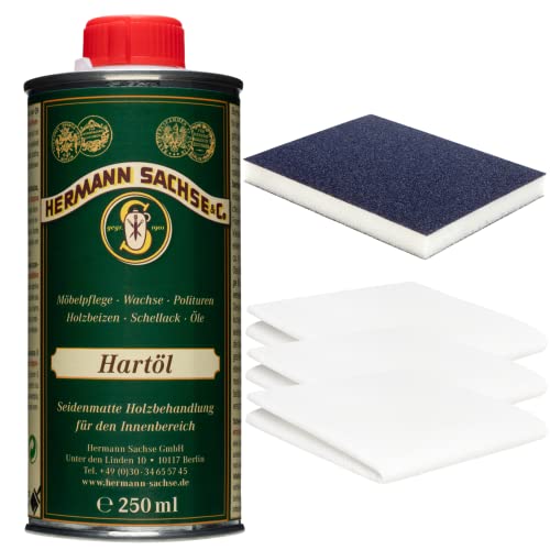 Huile dure, kit incluant 250 ml de produit, huile pour bois, meubles, plan de travail, protection efficace du bois en intérieur, huile de lin naturelle, avec chiffon universel et tapis de ponçage