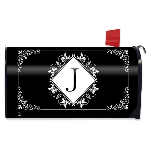 Image of Briarwood Lane Mailbox Cover - Standard Size - Black and White Monogram J Mailbox Cover