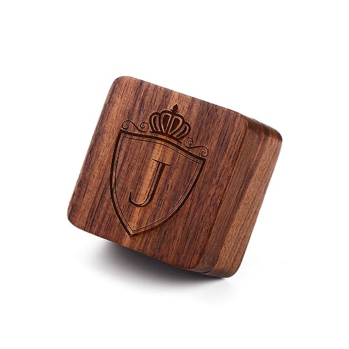 Image of Mens Initial Silver Cufflinks A-Z Alphabet Letter Steel Cuff Links with Engraved Walnut Wood Box Groom Groomsman Wedding Set