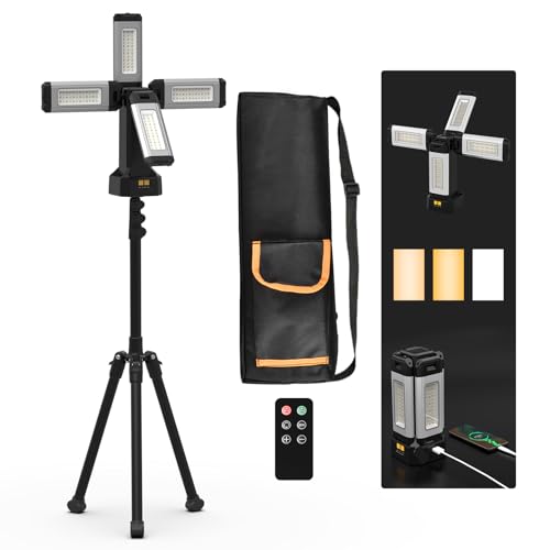 Lampe de Travail Rechargeable en Aluminium 13200 mAh Avec Trépied Pliable et Sac de Transport, 8000 Lumens à Intensité Variable Projecteur de Chantier (Avec...