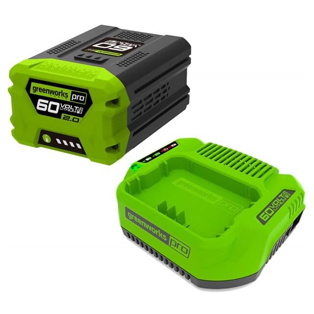 Greenworks Batteria da 60 V 2 Ah e Caricabatterie Universale GSK60B2, Li-Ion 60 V 2 Ah, Output 120W 2 A, Adatto a Tutti gli Attrezzi e Batterie Greenworks della Serie da 60 V