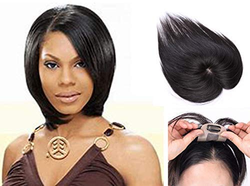 100% Density Top Hair Pieces Silk Base Crown Topper Human Hair Clip in Hair Toppers Top Hairpieces for Women with Thinning Hair Gray Hair/Hair Loss#1B Natural Black 6 inches 15g