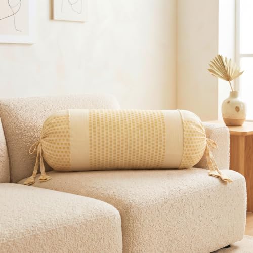 Image of SAJAVAT HOME Pure Cotton Stripe Bolster Cover | Decorative Round Cylindrical Pillow Cover for Sofa, Bed & Diwan | Soft & Breathable Cushion Cover | Beige with Mustard Check Design | Pack of 2