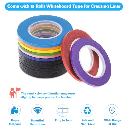 cridoz 15 Rolls Thin 1/8 Inch  Whiteboard Tape, Low-Tack Paper Pinstripe Art Grid Lines Tape for Dry Erase Boards, Craft - Additional View