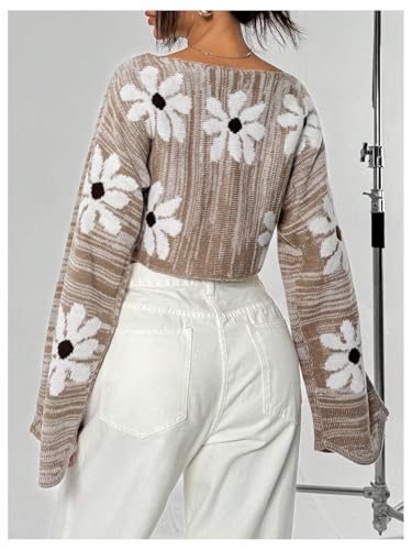 Women's Floral Crop Sweaters Y2k Long Sleeve Boat Neck Knit Tops Pullovers2