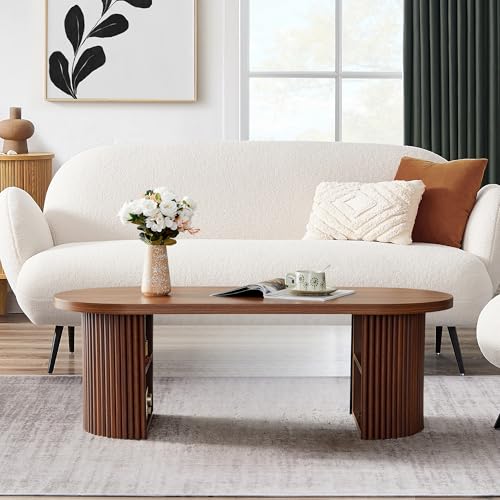 Image of Oval Fluted Coffee Table, 47 inch Farmhouse Wood Coffee Table Mid Century Modern Center Table Boho Living Room Tables for Living Room Office,Walnut