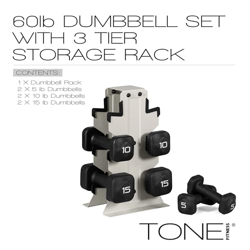 Image of Tone Fitness Neoprene Dumbbell Set with Storage Rack - Non-Slip, Anti-Roll Hand Weights for Home Gym Workouts | 20 lb, 32 lb, 50 lb, 60 lb & 100 lb Options