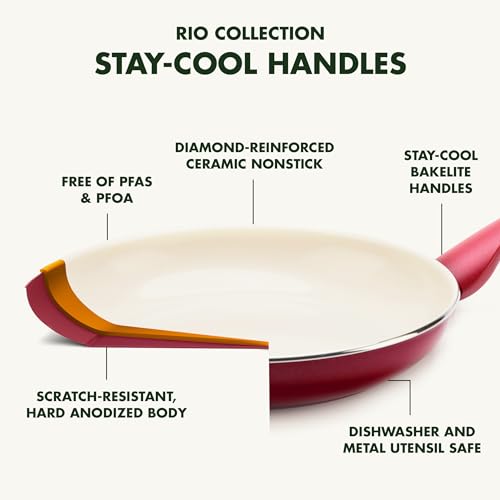 Image of GreenPan Rio Healthy Ceramic Nonstick 8 inch Frying Pan Skillet and Silicone Spatula Set, Soft Grip Handle, Breaktfast Meal Set, PFAS-Free, Dishwasher Safe, Oven Safe, Red