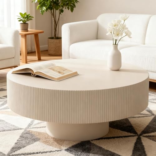 RZTPYS Moderner Geriffelter Runder Holz-Couchtisch Handgefertigter Trommelcouchtisch Mit Stabiler Basis Zeitgemäßer Kleiner Couchtisch Für Wohnzimmer Und Büro Einfache Montage (Beige 78 5 cm)