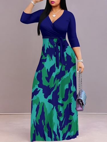 Image of PinkPatty Plus Size Dresses for Curvy Women V Neck Flowy Long Sleeves Wrap Maxi Dress Travel Vacation Outfits