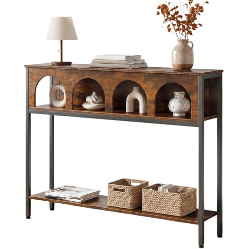 Image of HOOBRO Narrow Console Table, Entryway Table with 3-Tier Storage, Sofa Table, Behind Couch Table with Arched Design for Living Room, Entrance, Hallway, Rustic Brown and Black BF106XG01