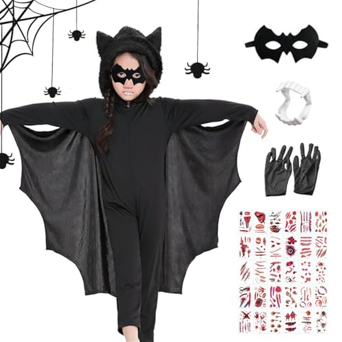 HEYIDAMAI Fledermaus Kostüm Kinder Fledermaus Cape Kinder Kostüm Overall Mit Vampirzähne Maske Tattoo-Aufkleber und Handschuhe für Mädchen Junge Halloween Cosplay Fasching Karnevals Kostüme