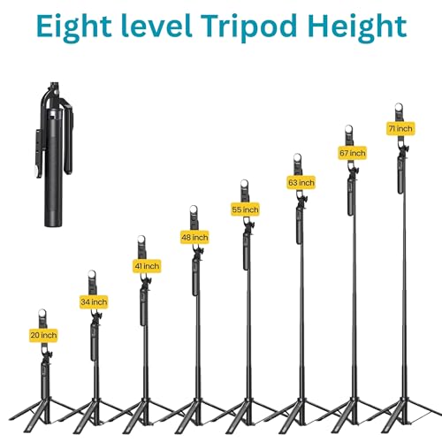 Image of Long Selfie Stick with Tripod Stand, Aluminum 71inch /180cm, 360 Degree Rotation Selfie Stick Tripod,for iPhone, Blutooth Remote,& LED Fill Light, for Camera Gopro for Vlogging,YouTube