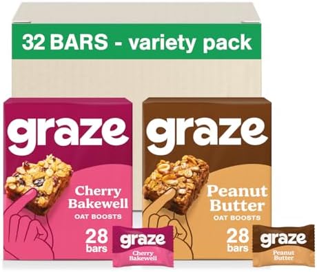 Graze - Cherry Bakewell & Peanut Butter Oat Boost Bars Snacks - Made With Whole Oats and Natural Flavours - 8x4 snack bars - Total of 32 snacks