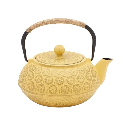 Juvale Japanese Cast Iron Teapot - Stainless-Steel Infuser & Loose Leaf Tea Pot - Superior Heat Retention Cast Iron Kettle - Elegant Floral Trivet For Home Tea Set - 800 ml, Yellow - Image 4