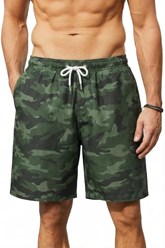 Enlision Bañador Hombre Largo 7.5' Bermuda Surfero Hawaiano Secado Rápido Camuflaje Verde Hawaiana Estampado Calções de Playa Homem con Malla Interior y Bolsillos para Piscina Natación Vacaciones 3XL