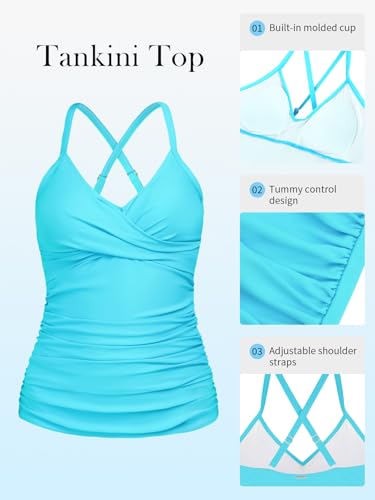 Image of RELELCIGA Women's Tankini Top V Neck Ruched Tummy Control Bathing Suit Top