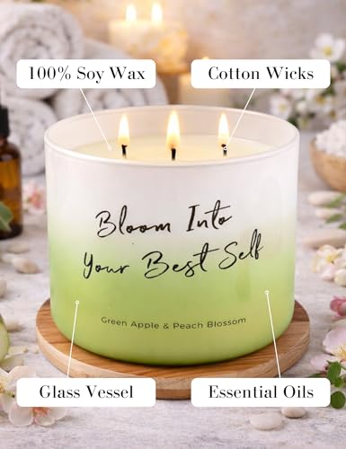 Green Apple Peach Blossom Scented Soy Candle | Large 3 Wick Candle for Home, 15.8 oz | Fresh Fruity Aromatherapy Candle | Birthday, Graduation & Self-Care Gifts for Women | Candles for Women & Men — view 5